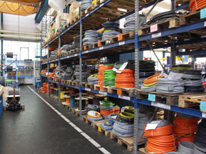 Picture of a warehouse has multiple chainflex® cables in stock.